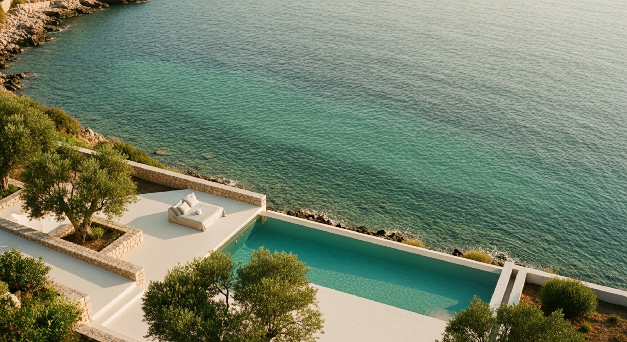 A secluded Mediterranean coastline at golden hour, an infinity pool meeting a calm sea