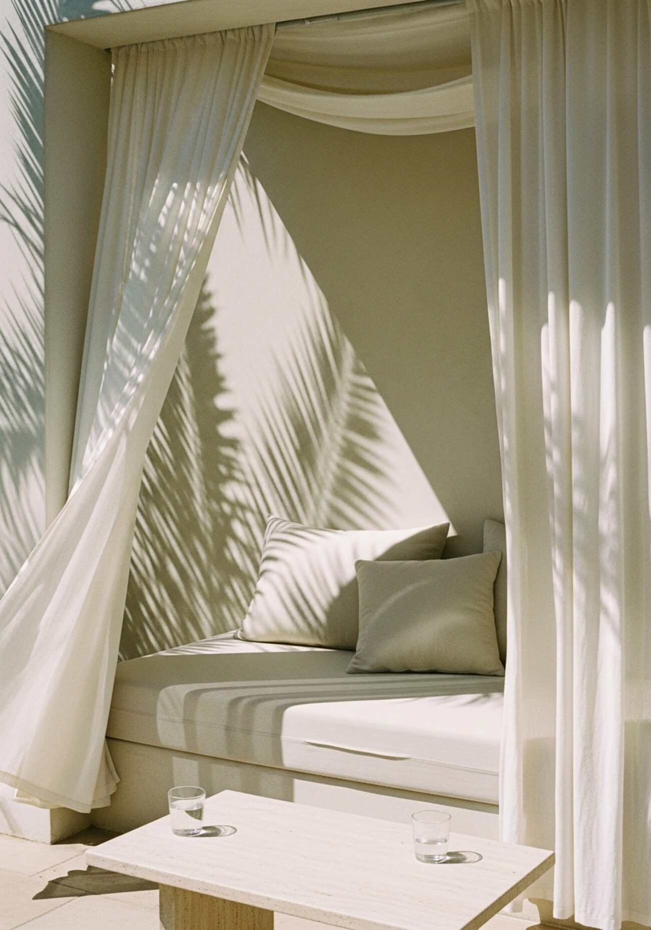 A shaded terrace with a linen-draped daybed and drifting curtains